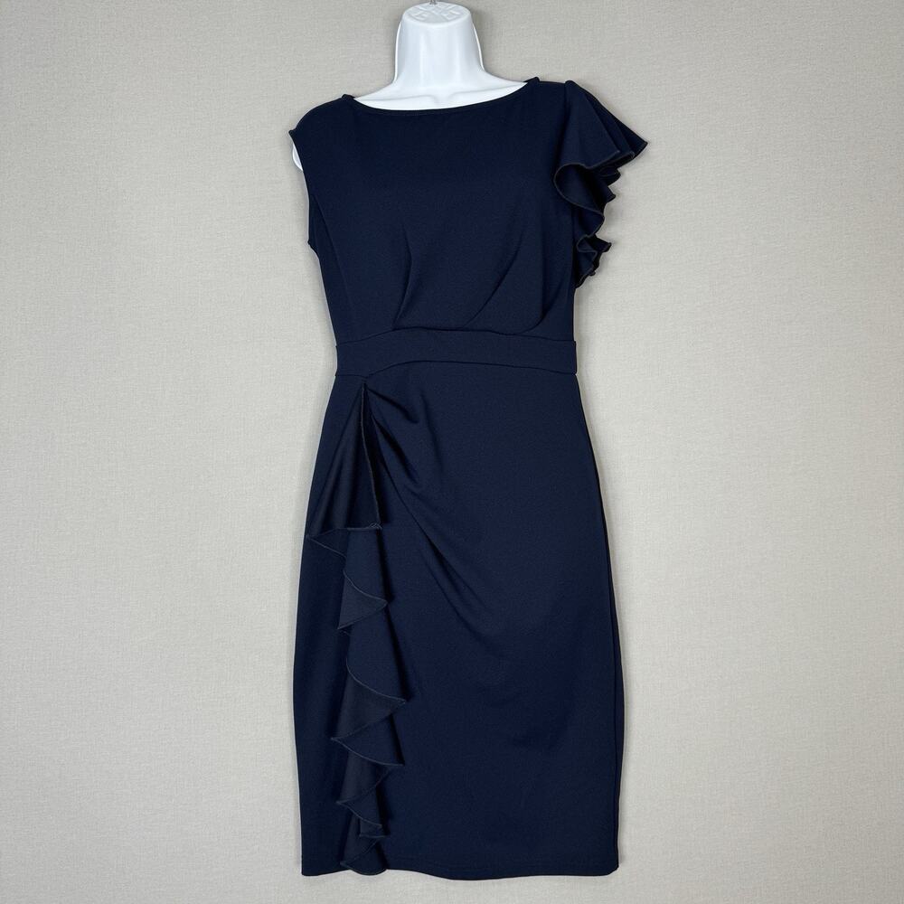 Alisize Dress Womens‎ Medium Navy Ruffle Ruched Sheath Cocktail Vintage Inspired - Picture 2 of 13